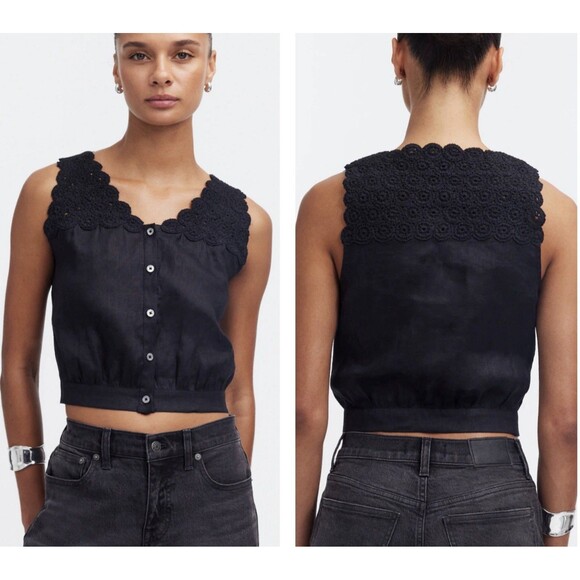 Madewell Embroidered Linen V Neck Bubble Top Cropped Cottage Black Sz 6 NWT - Picture 1 of 9